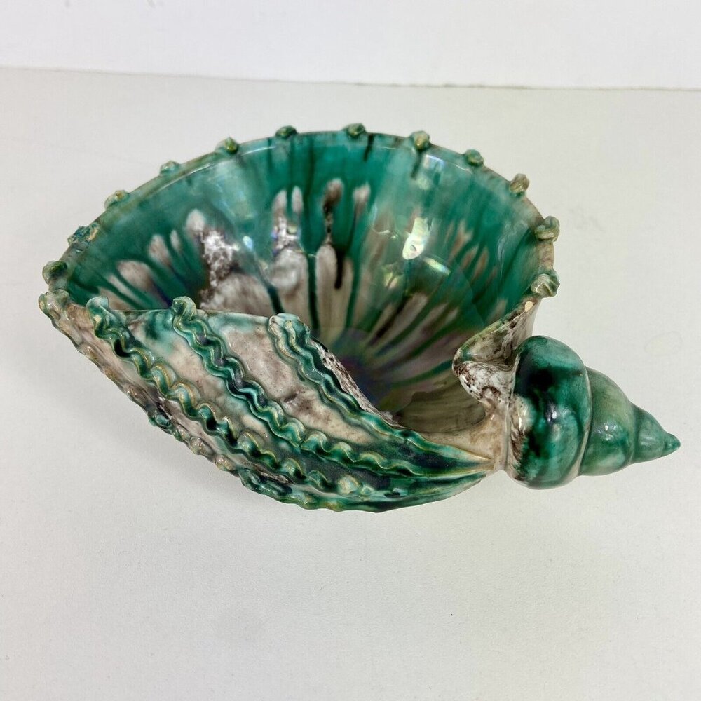 Vtg Italy Trinket Dish Catch All Seashell Jade Green Painted Speckled MCM Signed - Picture 2 of 11
